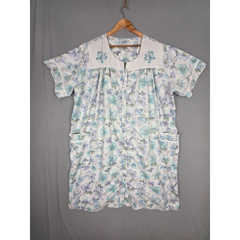 Vintage 80s Casual Nights House Dress 2X Mumu Floral with Butterfly Embroidery